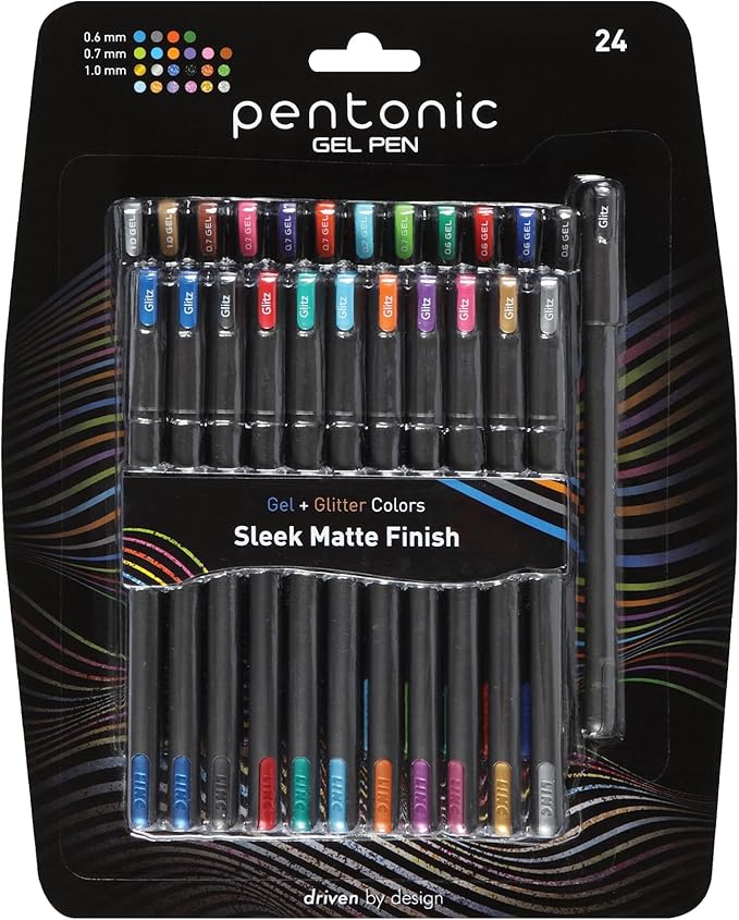 Pentonic Gel Pens, 24 Count, Mixed Pack (12 Assorted Color Pens, 12 Glitter Pens), Medium & Fine Point, Smooth Writing For Journaling (1002355)