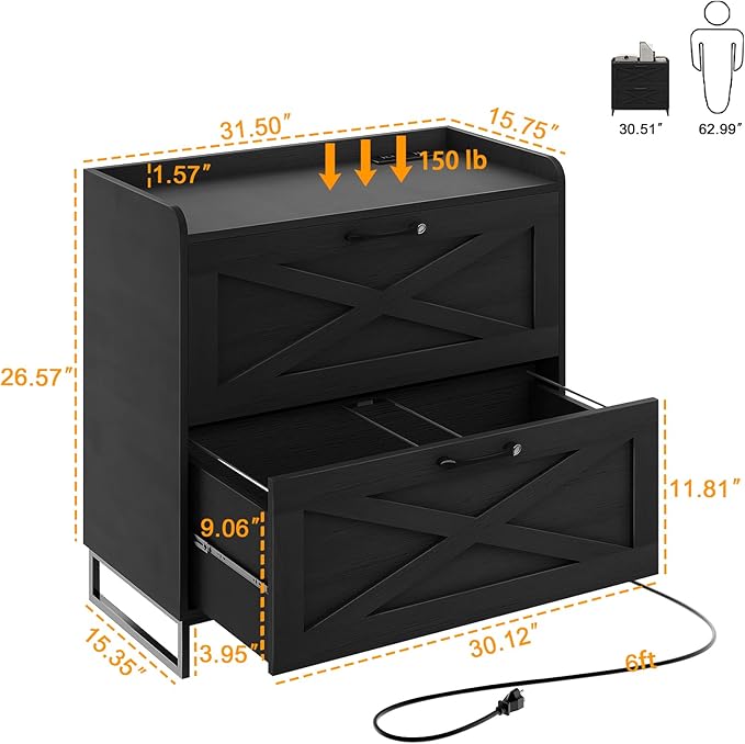 Lateral File Cabinet with Charging Station, 2 Drawer File Cabinet for Letter/Legal/A4 Size Hanging Files, Large Wood File Storage Cabinets Printer Stand for Home Office, Black