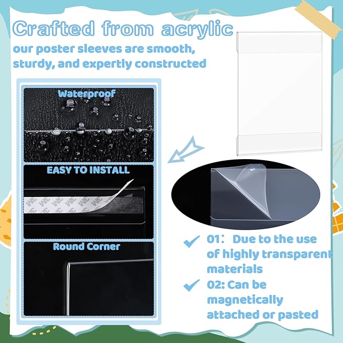 6 Pack Acrylic Wall Sign Holder 8.5 x 11 Rigid Magnetic Sign Holders with Magnet Strips and Adhesive Strips Clear Document Frames Clear Rigid Print Protectors for Office, Home