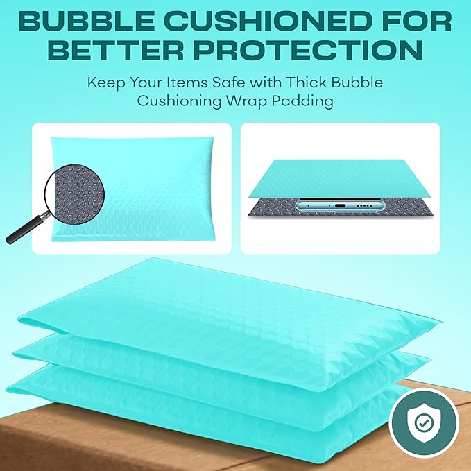 Teal 12.5x19.5 Inch Large Poly Bubble Mailers #6 | Padded Envelopes with Self Seal | Air Lined Cushioned Bubble Mailer | Usable Size 12.5x15 | 100 Pack Bulk | Lightweight shipping Bags