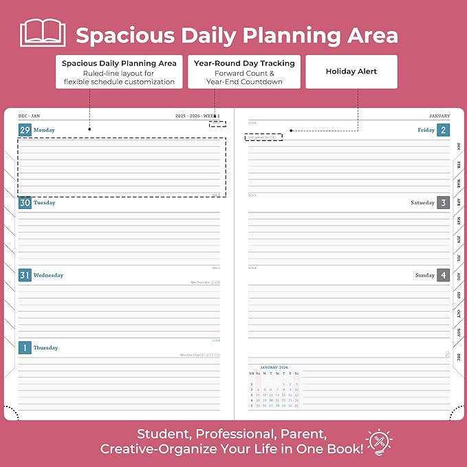 IN-LUXPRO Planner 2026 Daily Weekly and Monthly,11.5"x8.5",12 Months Spiral Bound Calendar Agenda with Self-adhesive Pen Holder,2026 Appointment Book with Vegan Leather Soft Cover,Rose Red