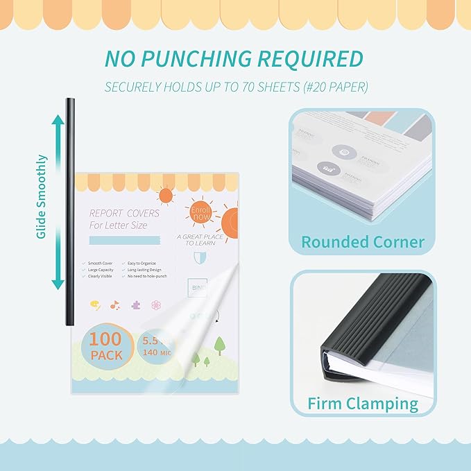 Binditek 100 Pack Clear Report Covers with Black Sliding Bars, 70 Sheet Capacity, 9mm Binding Bars, Letter Size, 5.5 Mil Thick, Black, for Students and Coworkers