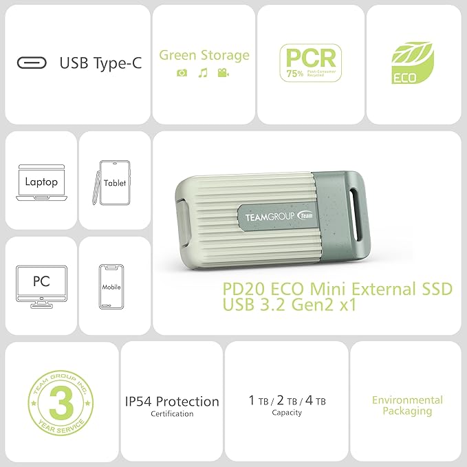 TEAMGROUP PD20 ECO 1TB Portable External Solid State Drive SSD Read up to 1000MB/s USB 3.2 Gen2x1 Type-C Waterproof Dustproof IP54 TPSEG4001T0C102