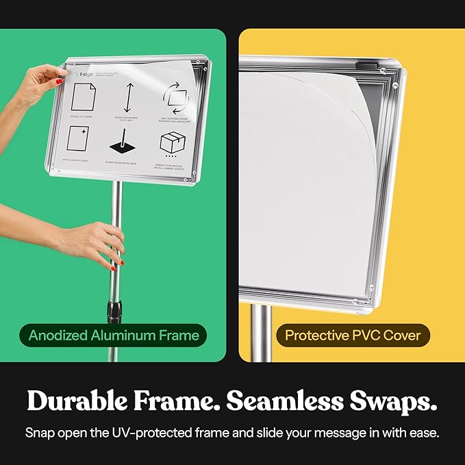Adjustable Heavy Duty Pedestal Sign Holder Poster Stand - 8.5x11 Inch Vertical & Horizontal Sign Stand Displayed Poster Holder, Square Base Sign Stands for Display, Advertisement & Outdoor Sign Holder