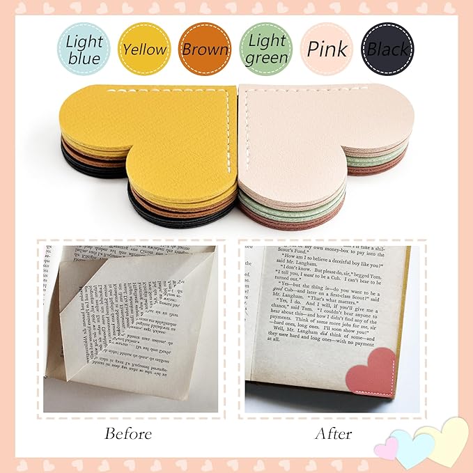 12 Pcs Leather Heart Bookmarks - Handmade Cute Page Book Marks for Reading Women & Book Lovers, Valentine’s Day Gifts, Teacher & Student Book Accessories for School Office Home Supplies (6 Colors)