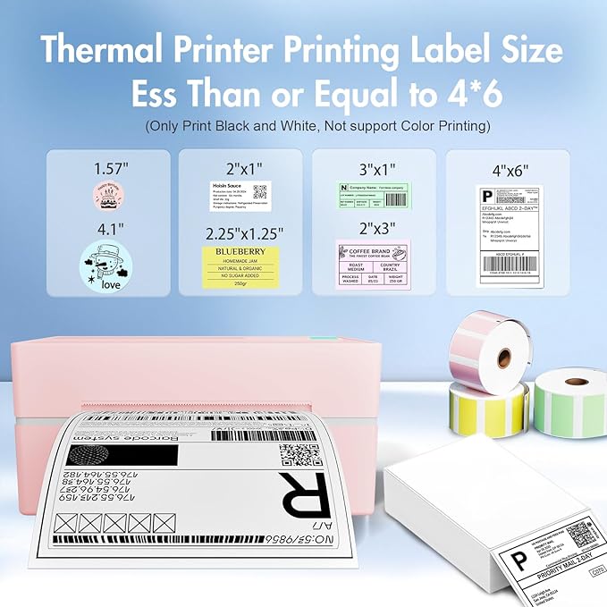 Bluetooth Thermal Shipping Label Printer: 4x6 Wireless Label Maker with Tape for Small Business - Compatible with iPhone, Android, Windows & Mac, Widely Used for USPS UPS Ebay Amazon Shopify, Pink
