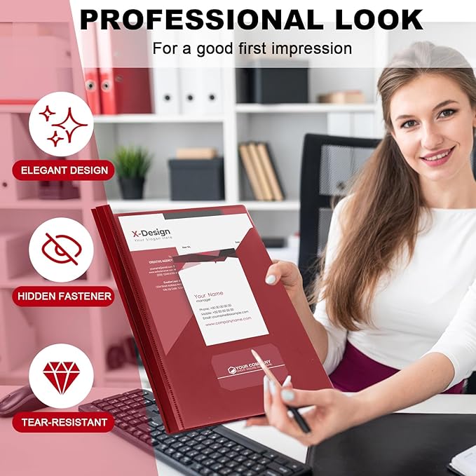 Teling 48 Pack Clear Front Report Covers with 3 Prongs Fasteners, 11.42 x 9.45 Inch Plastic Presentation Folders Bulk, 90 Sheet Capacity, Book File Covers for Office School Business, Red