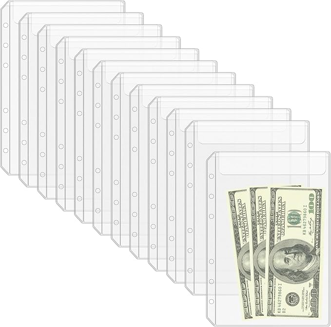 Antner 12PCS A5 Binder Pockets No Zipper 6-Hole Budget Cash Envelopes for Small Refillable Notebook, Zipless A5 Planner Inserts Binder Pouches Loose Leaf Money Organizer Bags for Saving Challenge