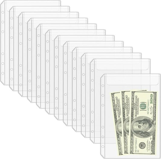 Antner 12PCS A5 Binder Pockets No Zipper 6-Hole Budget Cash Envelopes for Small Refillable Notebook, Zipless A5 Planner Inserts Binder Pouches Loose Leaf Money Organizer Bags for Saving Challenge