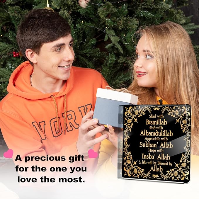 Islamic Black Golden Desk Decor Acrylic Sign, Start End with Allah Appreciate Hope with Allah，Eid Ramadan Mubarak Desk Decorative Signs for Tabletop Cubicle Room Office