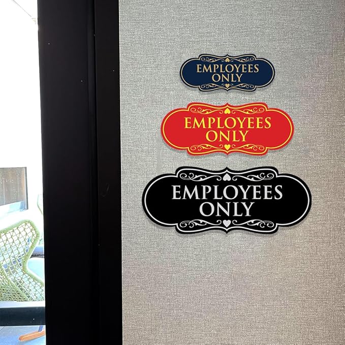 Designer EMPLOYEES ONLY Sign | Easy Installation | Office or Business Signs | Workplace Safety - Black/Silver - Small (1 Pack)