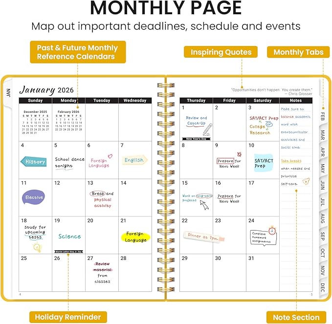 2026 Planner, Weekly and Monthly Calendar Planner, January 2026 - December 2026, Hardcover 2026 Calendar Planner Book with Tabs For Women & Men, Inner Pocket, Spiral Bound, Perfect for Office Home School Supplies - A4 (8.5" x 11"), Yellow