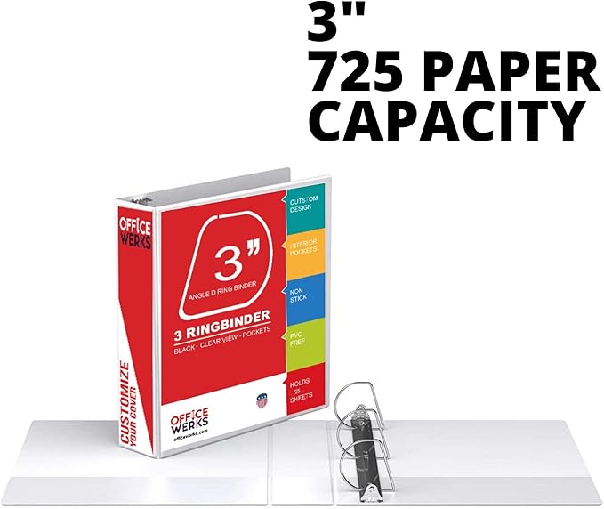 3 Ring Binder, 3" Angle D Ring Heavy Duty Binder with Pockets for 8.5" x 11" Sheet Size, Durable Non-Stick Customizable Clear View Cover (White)