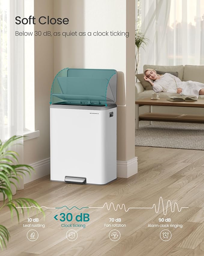 SONGMICS Trash Can, 2 x 8 Gallon (2 x 30 L) Double Garabge Can for Recycling and Waste, Stainless Steel, Soft-Close Lid, Inner Buckets, Wide Sturdy Pedal, Cloud White ULTB556W01