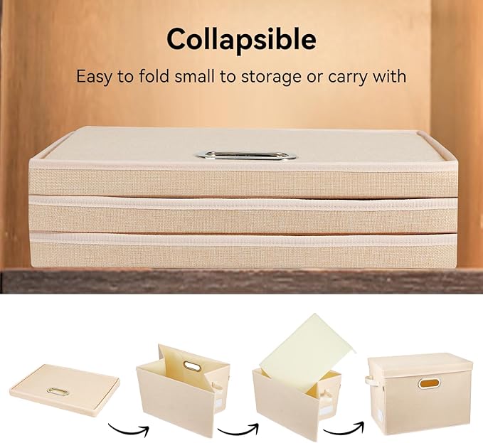 Voova Large Collapsible Storage Bins with Lids, 3 Pack Stackable Line Fabric Cube Storage Organizer, Foldable Closet Storage Boxes Baskets Containers with Cover for Clothes Bedroom Office Home,Apricot