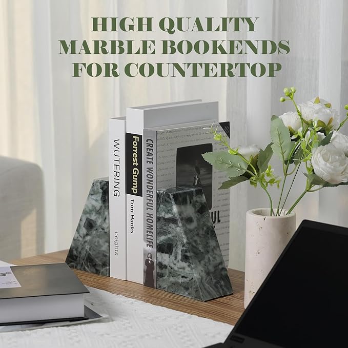 Marble Bookends for Heavy Books, Decorative Bookends for Shelves, Green Stone Book Ends, Heavy-Duty Book Ends for Hardback Book & Cookbooks, Unique Book Stopper & Holder, Set of 2