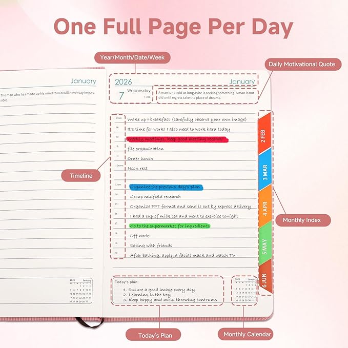 Picoway 2026 Planner A5 400 Pages - Weekly and Monthly Daily Calendar with Thick Paper, One Full Page Per Day Planners from Jan. 2026 - Dec. 2026, Hardcover Notebook ，8.3" x 5.7" (Pink)