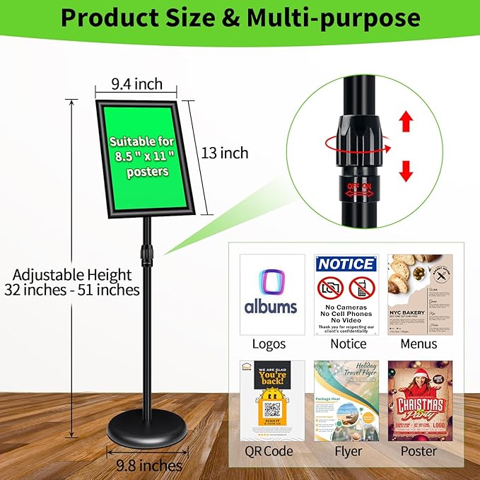 2Packs Adjustable Pedestal Sign Holder Stand 8.5''x11'', Floor Standing Poster Sign Stand, Aluminum Frame for Vertical/Horizontal View Sign stand,Outdoor/Indoor Standing Sign Holders, Black