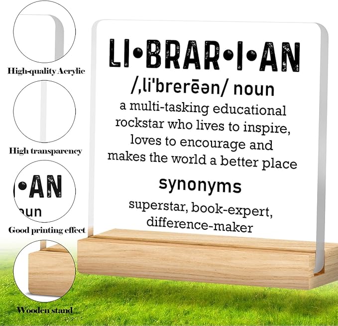 Librarian Gifts for Women Men, Birthday Gifts for Book Lover Bookworm, Librarian Definition Acrylic Desk Sign Decor