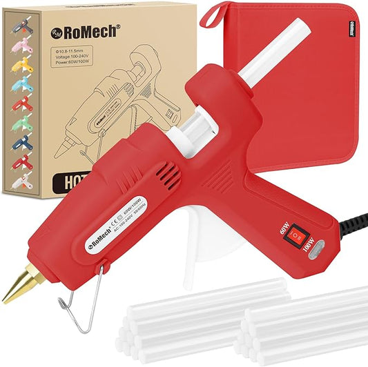 ROMECH Full Size Hot Glue Gun with 60/100W Dual Power and 21 Hot Glue Sticks (7/16"), Fast Preheating Heavy Duty Industrial Gluegun with Storage Case for Crafting, DIY and Repairs (Red)