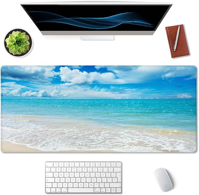 SSOIU Gaming Mouse Pad, Extended Mouse Pad, 35.5x15.7inch XXL Large Big Computer Keyboard Mouse Mat Desk Pad with Non-Slip Base and Stitched Edge for Home Office Gaming Work, Beaches Sunny Day