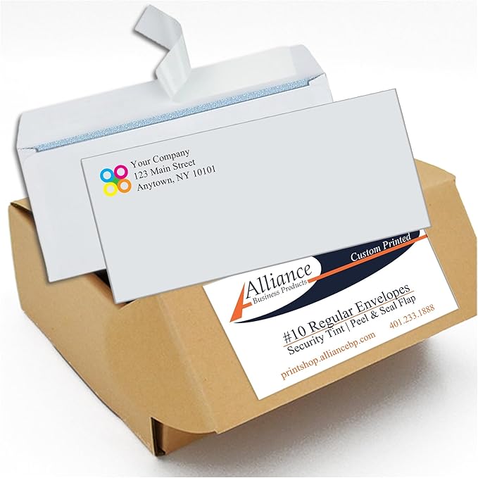 500 Envelopes #10 Custom Printed Regular Self-Seal Security Envelopes, Text and Logo Customization, Size 4 1/8 x 9 1/2 Inches, White, 24lb