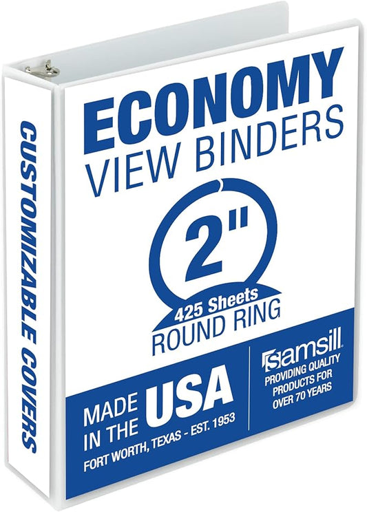 Samsill 2 Inch 3 Ring Binder, Made in USA, Economy Round Ring, Clear View Cover, 425 Sheet Capacity - for School, Home, Office - Pearl White