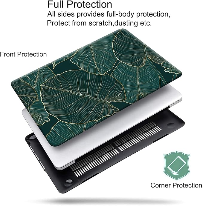 KEROM Compatible for MacBook Air 13 inch Case 2025-2022 M4 M3 M2 A3240 A3113 A2681, MacBook Air M4 13 inch Case, Protective Plastic Hard Shell & Keyboard Cover for Mac Air 13.6'', Green Leaves