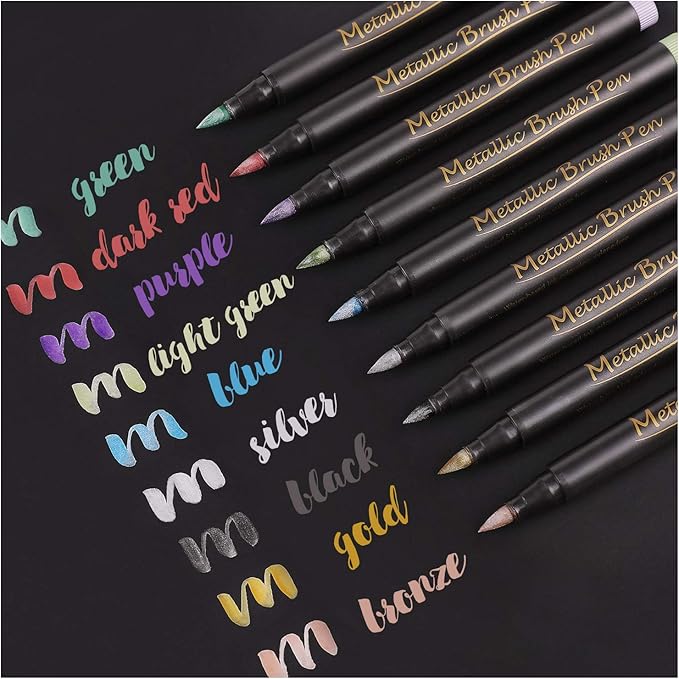 Dyvicl Metallic Brush Marker Pens - Metallic Pens Art Markers for Calligraphy, Brush Lettering, Black Paper, Rock Painting, Card Making, Scrapbooking, Fabric, Metal, Ceramic, Wine Glass, Set of 9