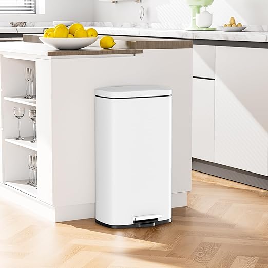 Arlopu 13.2+1.3 Gallon Step Trash Can, Stainless Steel Garbage Bin, Soft-Close Rubbish Bin with Removable Plastic Inner Bucket, Fingerprint-Proof, Lid Dustbin, for Kitchen Home (White)