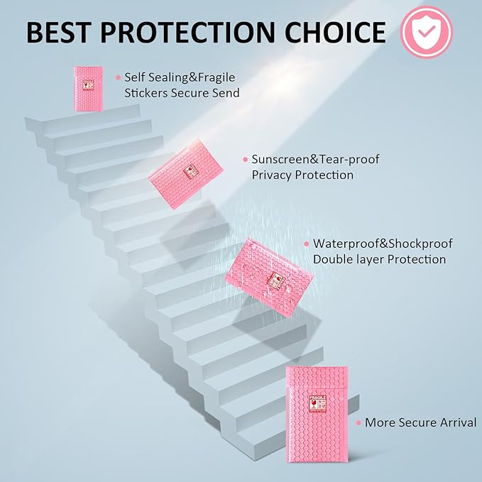 Bubble Mailers 6x12'' 100 Pack and 24PCS Fragile Stickers Pink Thick Waterproof Padded Poly Envelopes Bubble Wrap Mailers Self Seal Shipping Bags for Mailing Small Business Homes Envelope Mailers #0