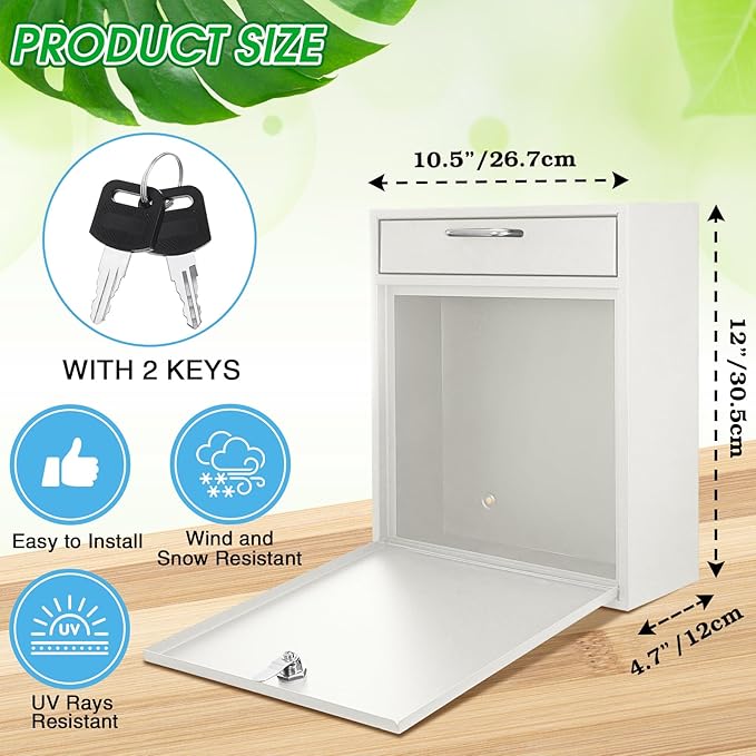 Locking Mailbox with Key for Outdoor 12 x 10.5 x 4.7 Inches Large Wall Mount Mail Box with Lock Security Mail Drop Metal Collection Boxes Hanging Secure Postbox(Creamy White)