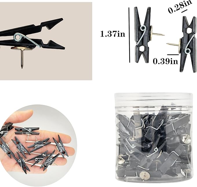 60pcs Decorative Push Pins with Clips Black Bulletin Board Clips Cute Pushpins for Cork Board Fun Tacks and Push Pins for Wall Teachers Classroom School Offices Accessories Decor