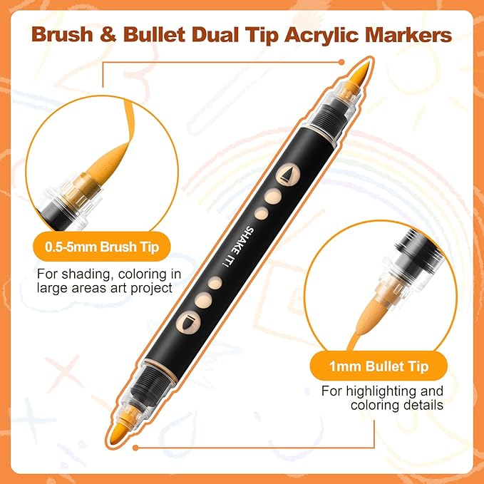 SUNEE 18 Colors Acrylic Paint Markers, Dual Tip with Bullet and Brush Tip Paint Pens with Automatic Ink Control System, Coloring Markers for Rock, Wood, Canvas, Glass DIY Crafts Art Supplies Kit