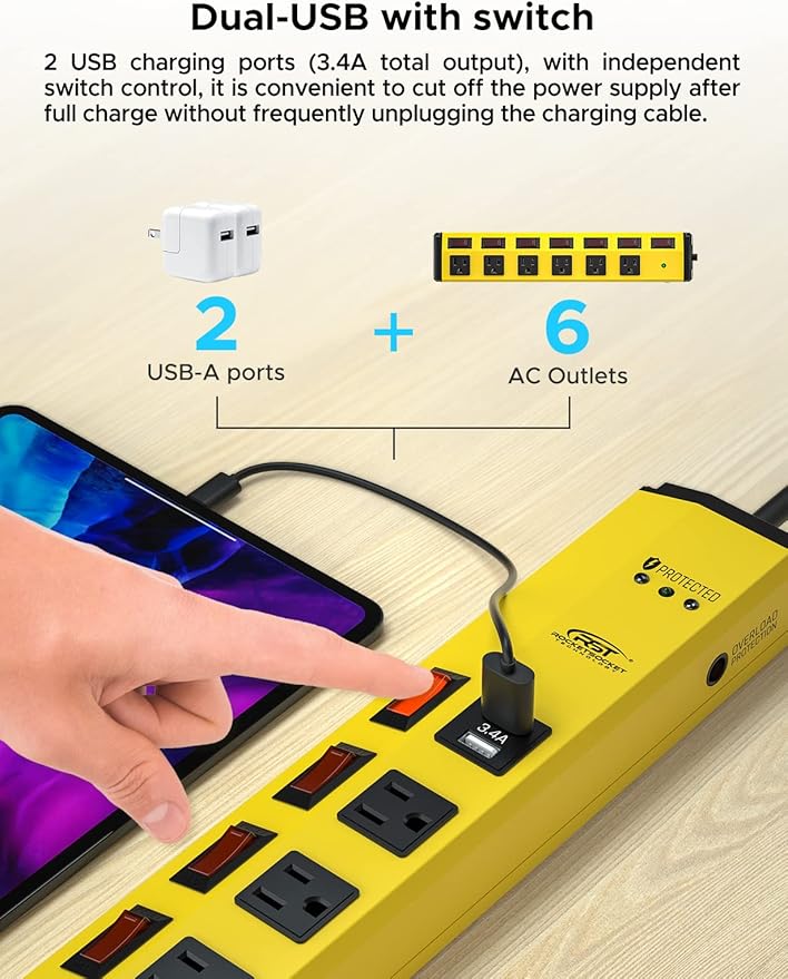 CRST 6-Outlet Heavy Duty Power Strip with USB and Individual Switches, 1200 Joules Metal Mountable Surge Protector Power Strip 15A Circuit Breaker, 6FT Extension Cord for Garage, Workshop, Home