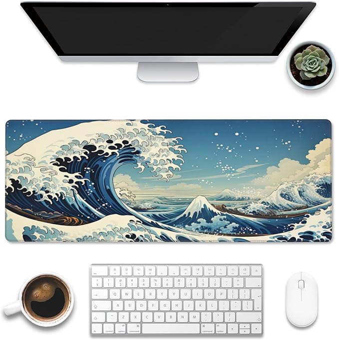 Desk Mat,Blue Japanese Sea Wave Desk Pad,Japanese Sea Wave Large Gaming Mouse Pad for Desk,Extended Big Computer Keyboard Mouse Pad with Non-Slip Base and Stitched Edge,31.5"x11.8"