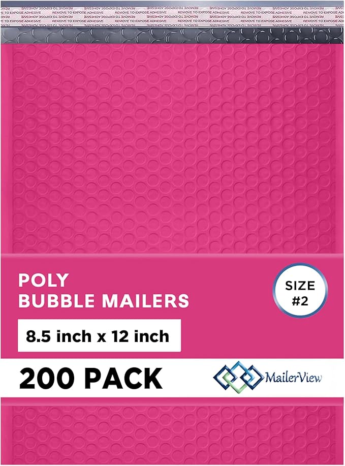 Hot Pink Poly Bubble Mailers 8.5x12 inch #2 | Self Seal Padded Envelopes | Cushioned Bubble Mailer | Usable Size 8.5x11 | WaterProof | Lightweight mailing Shipping Bags | 200 Pack Bulk