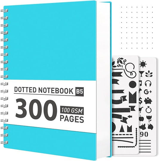 AHGXG Bullet Dotted Journal Spiral Notebook - 300 Pages Dot Grid Notebook B5 Thick Journal, 100GSM Thick Dotted Paper, Plastic Hardcover, with Journal Stencils, 7.3"X 10" - Blue