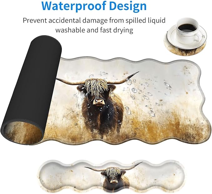 Large Mouse Pad and Keyboard Wrist Rest, Desk Pad for Keyboard and Mouse, 4-in-1 Large Gaming Mouse Pad with Wrist Support, Desk Mat for Home Office Study Game-Vintage Highland Cow
