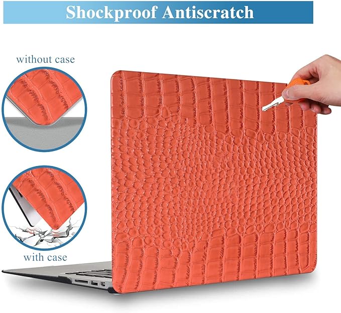 KEROM Compatible with Crocodile MacBook Air 13 inch Case 2021 2020 2019 2018 M1 A2337 A2179 A1932, Textured Elegant Luxury Aligator Skin Snakeskin PU Leather Hard Shell & Keyboard Cover, Orange
