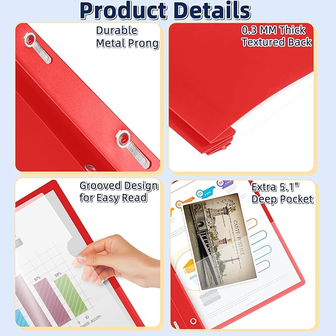HAUTOCO 5 Pack Plastic Report Covers with 3-Prong Fasteners Clear Front Presentation Folders Resume Folders for 8.5x11 Letter Size Paper, Document Report Cover for School Office Business, Red