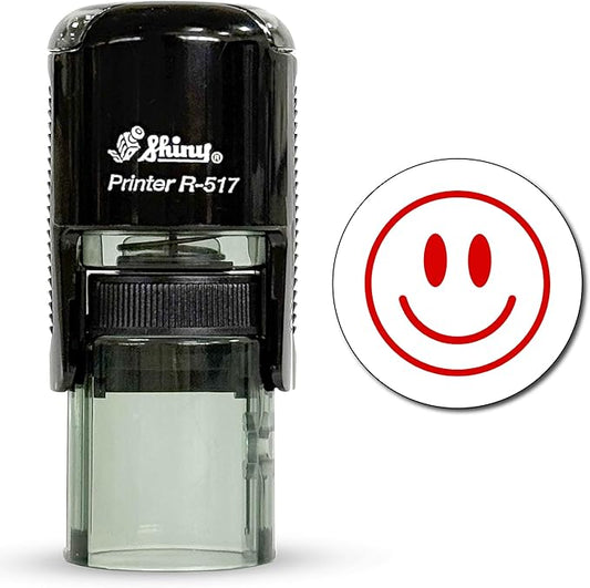 Shiny Smiley Face Teacher Stamp, Round Self Inking Stamp for Classroom, Red Ink