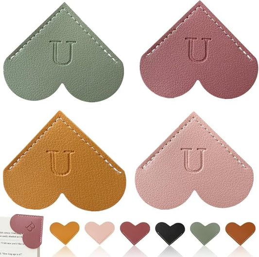 Personalized Leather Heart Bookmark, 26 Letters Customized Corner Book Mark for Reading Women, Book Marker with Initials，Cute Gifts (Light Pink+Deep Pink+Green+Light Brown, U)