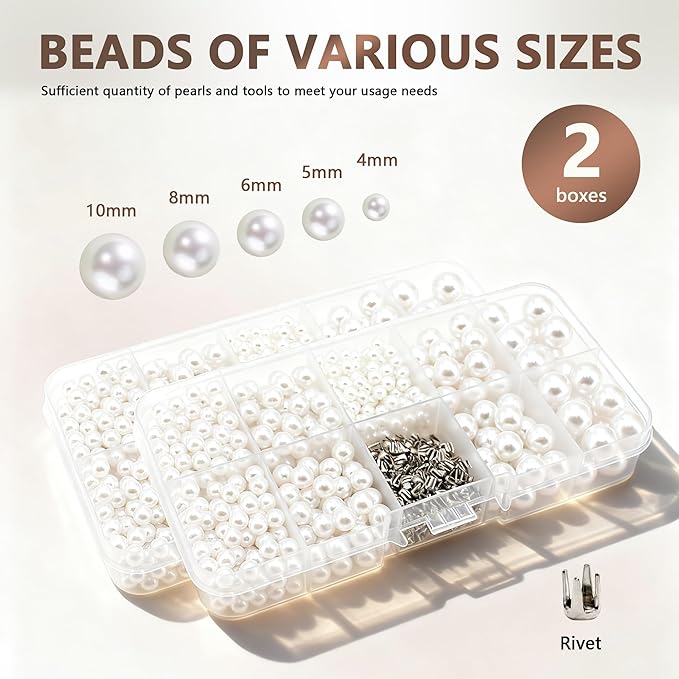 Pearl Setting Machine Hand Press Tools 2 Boxes White No Holes Pearl Beads with Rivet Studs Screw Heads L Hexagon Wrench for Decorating Clothes Hat Trousers Dresses Bag Hair Band DIY Crafts (White)