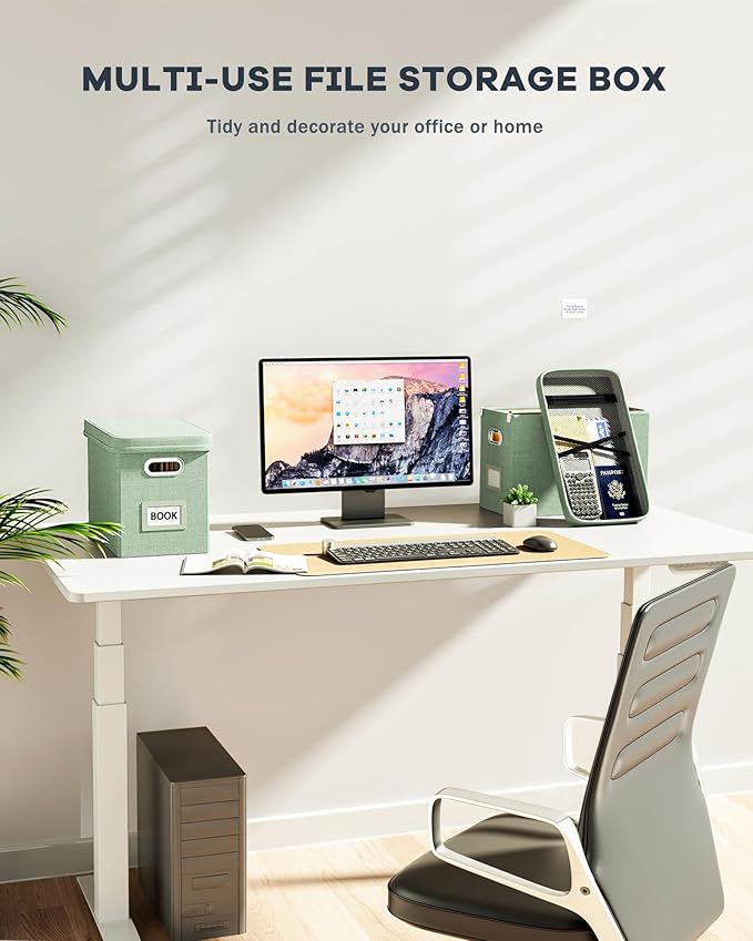 Oterri Hanging Filing File Box with Mesh Pocket, File Organizer Box with Lid, Collapsible Document Organizer Box for Letter Size, Easy Slide Durable Storage Box for Office/Decor/Home (2 PCS, Green)