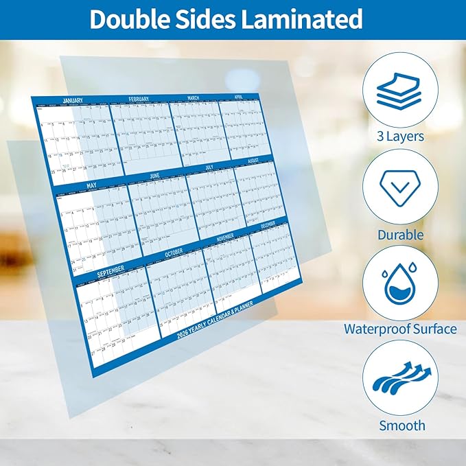 2026 Wall Calendar 32" x 48" Dry Erase Calendar for Wall from January 2026 to December 2026 12 Month Annual Large Yearly Wall Planner for Office School(Blue)