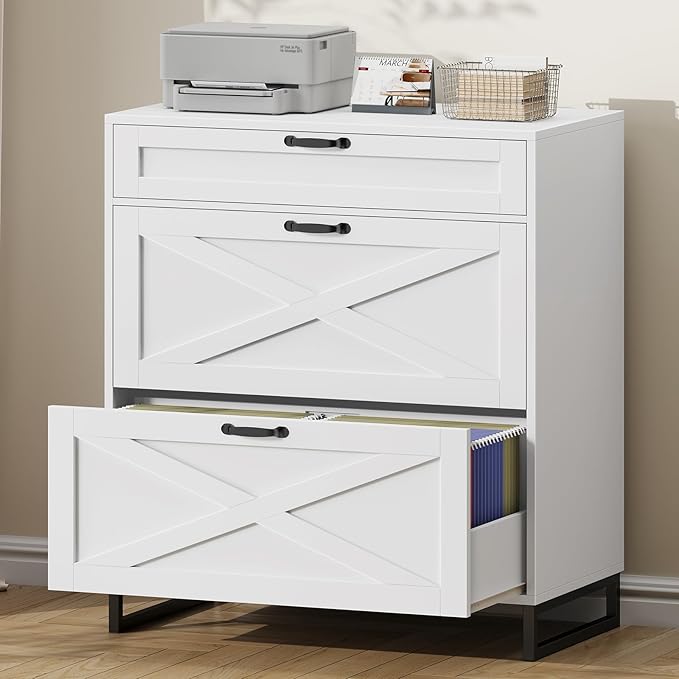Vabches Lateral File Cabinet, Modern Farmhouse File Cabinet with 3 Drawers for Legal/Letter/A4 Size Hanging Files, Printer Stand Large Wood Home Office, Office White