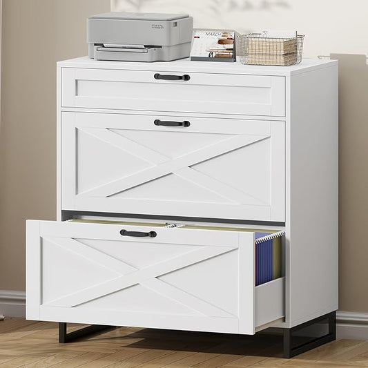 Vabches Lateral File Cabinet, Modern Farmhouse File Cabinet with 3 Drawers for Legal/Letter/A4 Size Hanging Files, Printer Stand Large Wood Home Office, Office White