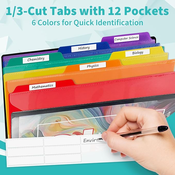 Binditek 12-Pocket Poly Project Organizer, Heavy-Duty Poly Cover, Clear Front Pocket, 6-Color Dividers with 1/3-Cut Tabs, Fixed Zipper Pouch, Letter-Size, Black