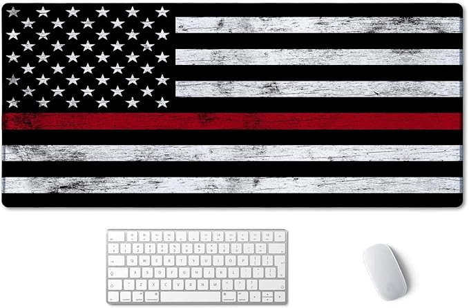 SSOIU Extended Gaming Mouse Pad (35.5x15.7 in), Large Stable Rubber Base Mousepad with Stitched Edges, Keyboard Mouse Mat Desk Pad for Work, Game, Office, Home - Fire Fighter Thin Red Line Flag